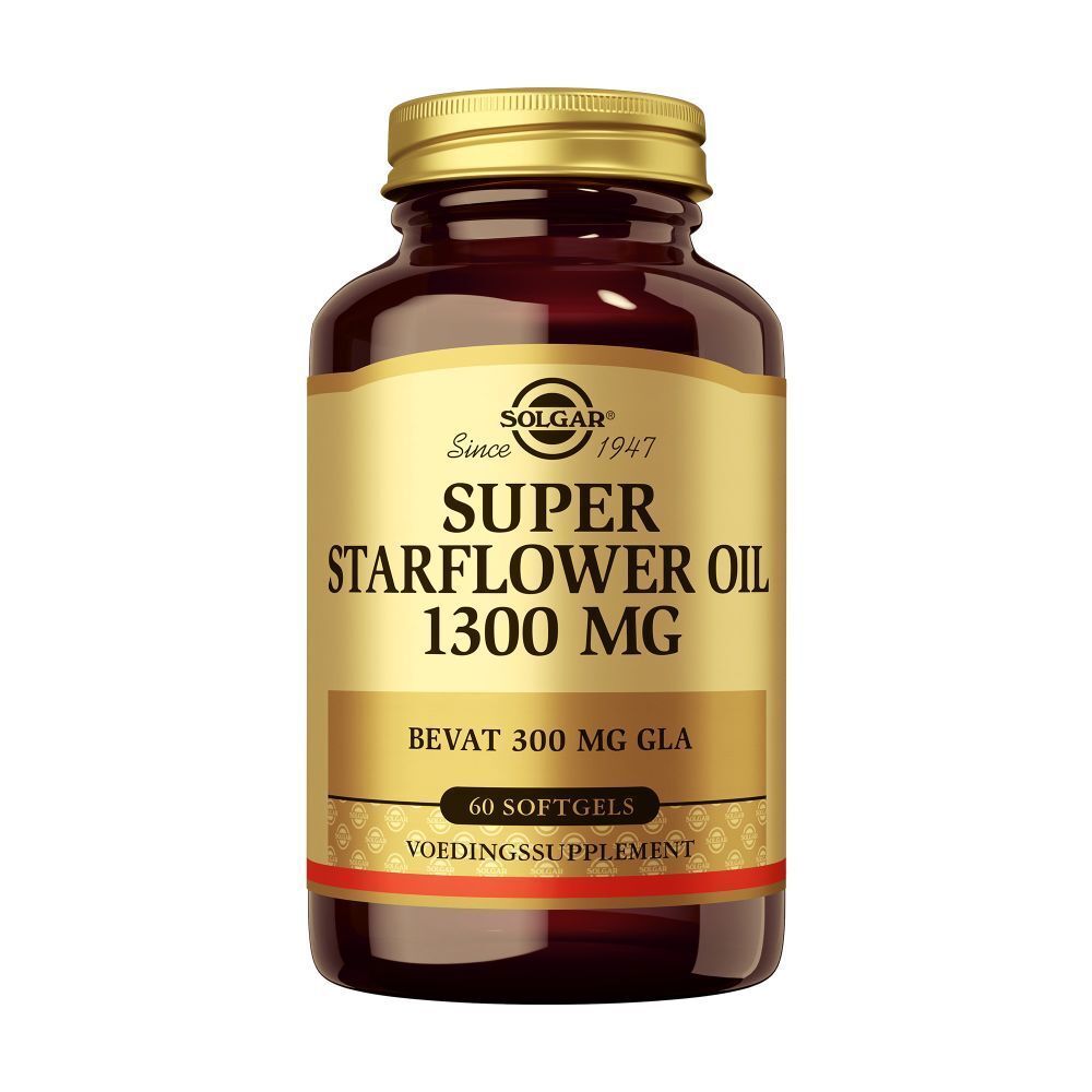 Flacon en verre brun avec capsules. Inscription: Super Starflower Oil 1300 mg. 60 gélules. Bouchon doré.