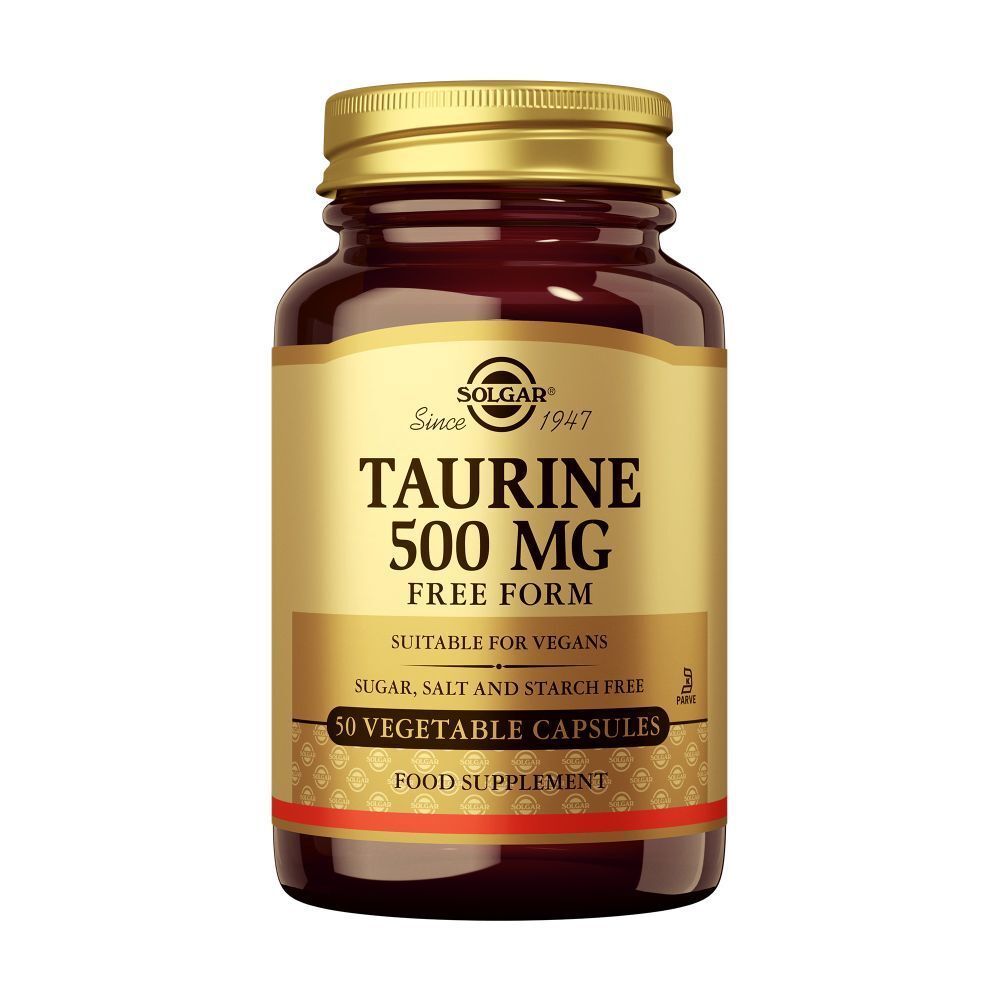 Bruine glazen fles met gouden dop. Etiket met "Taurine 500 MG" en Solgar-logo. 50 capsules.