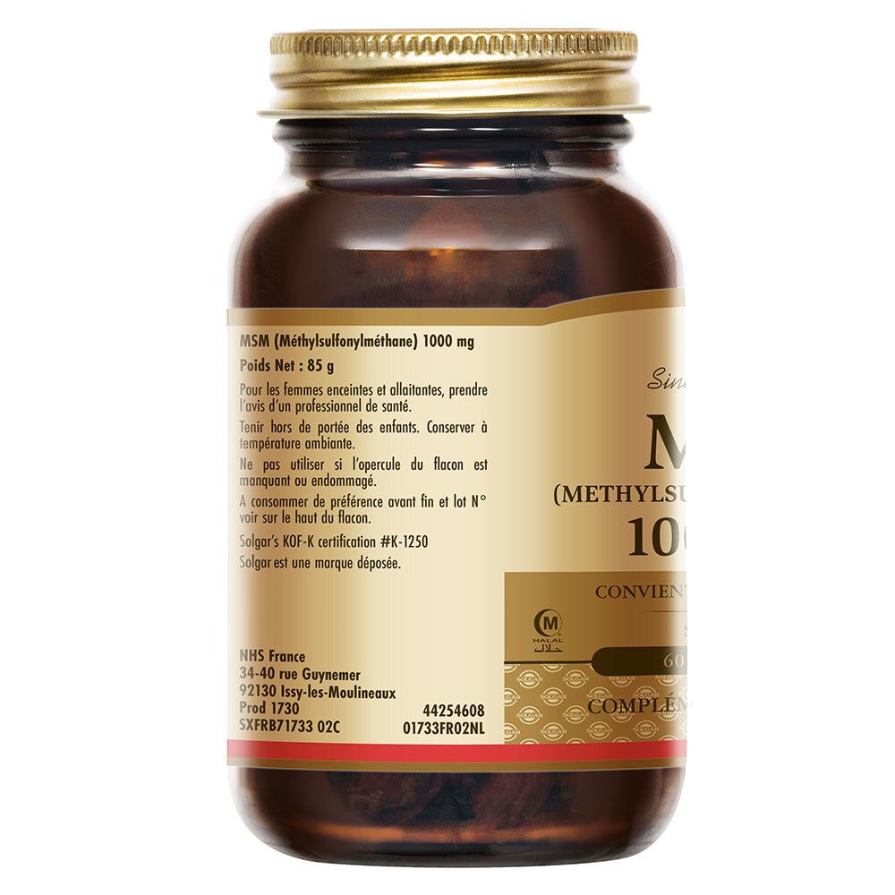 Achterkant fles. Ingrediënten, dosering, waarschuwingen. Merk Solgar, KOF-K certificering.