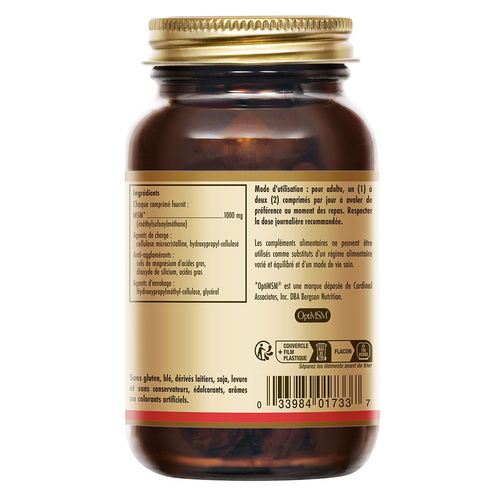 Achterkant fles. Ingrediënten, dosering, waarschuwingen. Merk Solgar, KOF-K certificering.