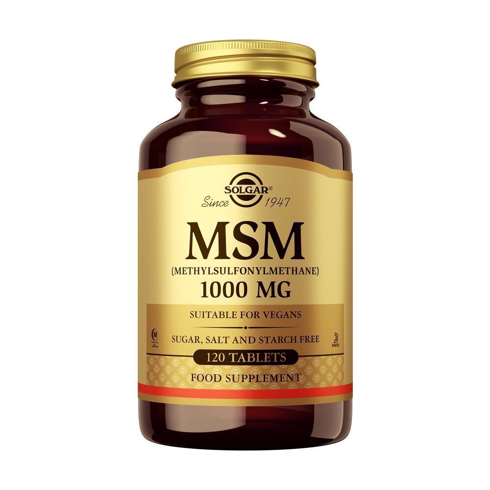 Bruine glazen fles met gouden dop. Etiket met SOLGAR, MSM 1000 mg, 120 tabletten. Geschikt voor veganisten.