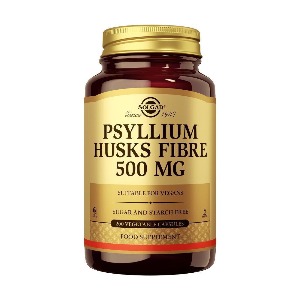 Bruine fles met gouden dop. Etiket met SOLGAR, Psyllium Husks Fibre 500 mg, 200 capsules.