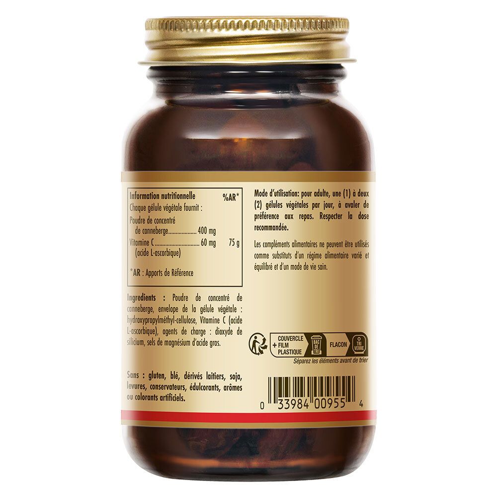 Dos du flacon. Informations nutritionnelles et mode d'emploi. Contient concentré de canneberge et vitamine C.