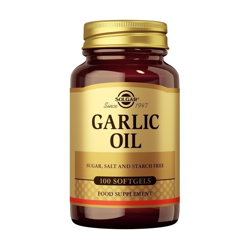 Bruine glazen fles met gouden dop. Etiket met "GARLIC OIL" en "SOLGAR". 100 softgels.