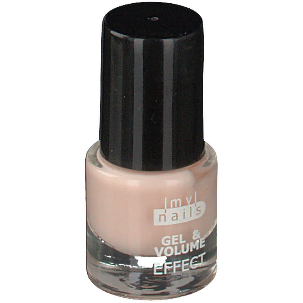 Nagellakflesje met zwarte dop. Opschrift: Imy nails, Gel & Volume Effect.