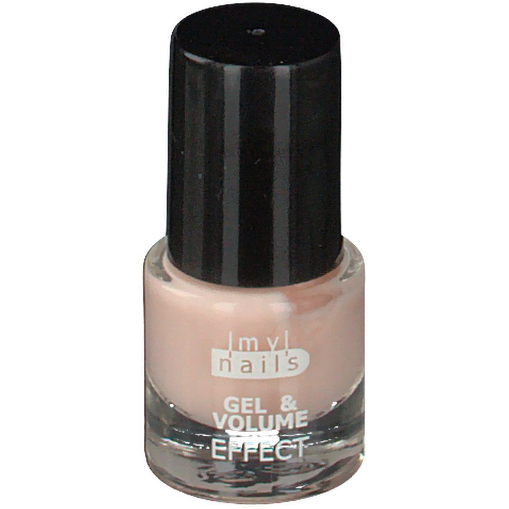 Nagellakflesje met zwarte dop. Opschrift: Imy nails, Gel & Volume Effect.