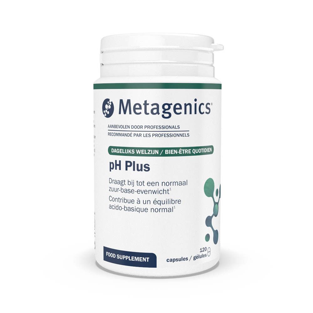 Witte fles met pH plus+ label. Bevat 120 capsules. Metagenics logo.