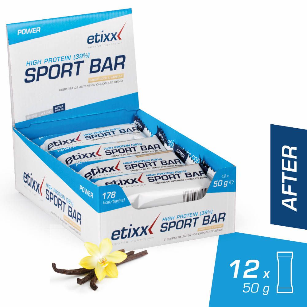 Etixx Sport Bar doos. Bevat 12 repen. Opschrift: High Protein, kokosnoot vanille. Met vanillebloem en peul.