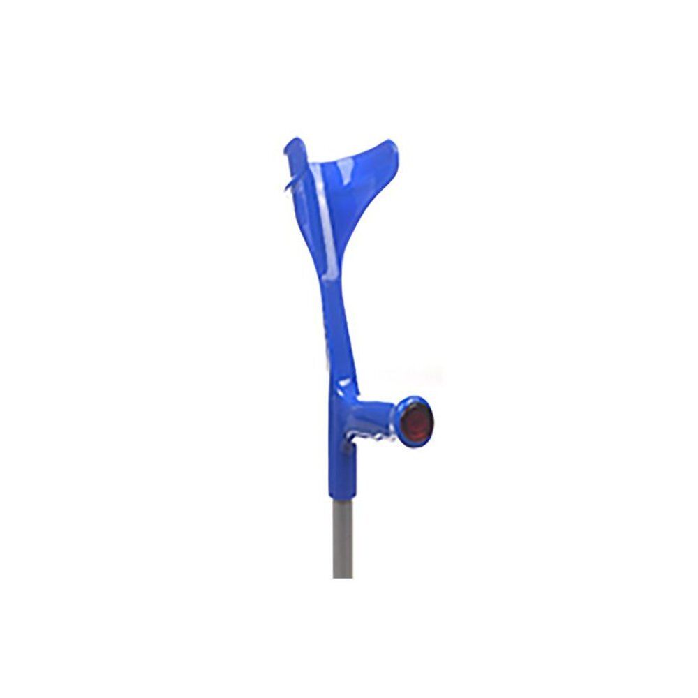 Blauwe Bota Kruk Model 1 Aluminium armsteun. Blauwe armsteun met handvat en rode knop. Grijze schacht.