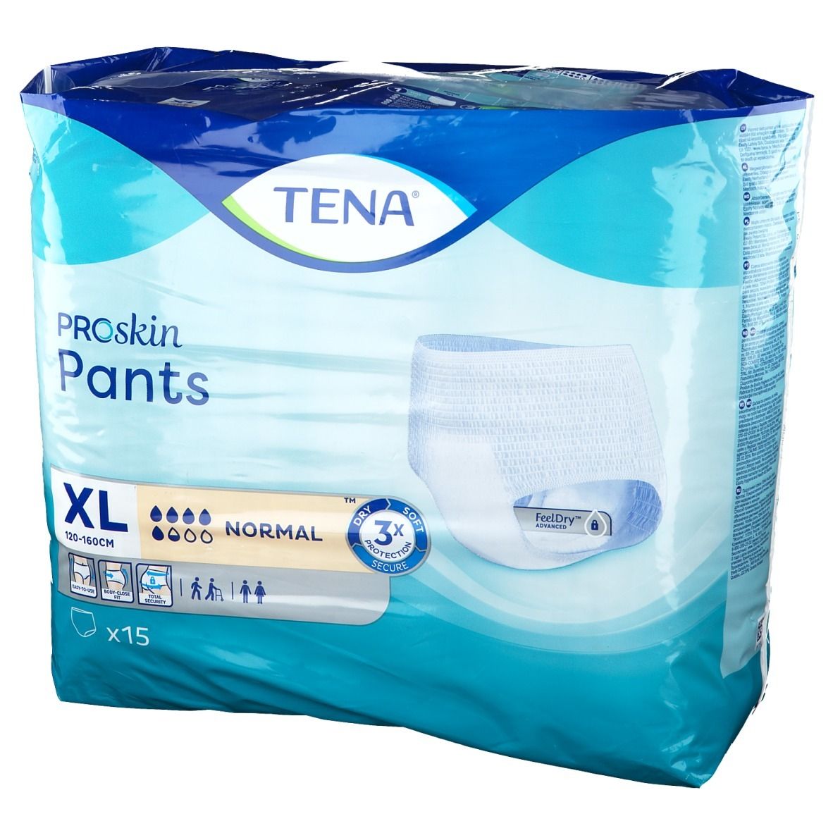 Verpakking TENA ProSkin Pants XL Normal. XL-maat, 120-160cm, 15 stuks. Opschriften: TENA, ProSkin Pants, Normal, 3x bescherming, FeelDry.