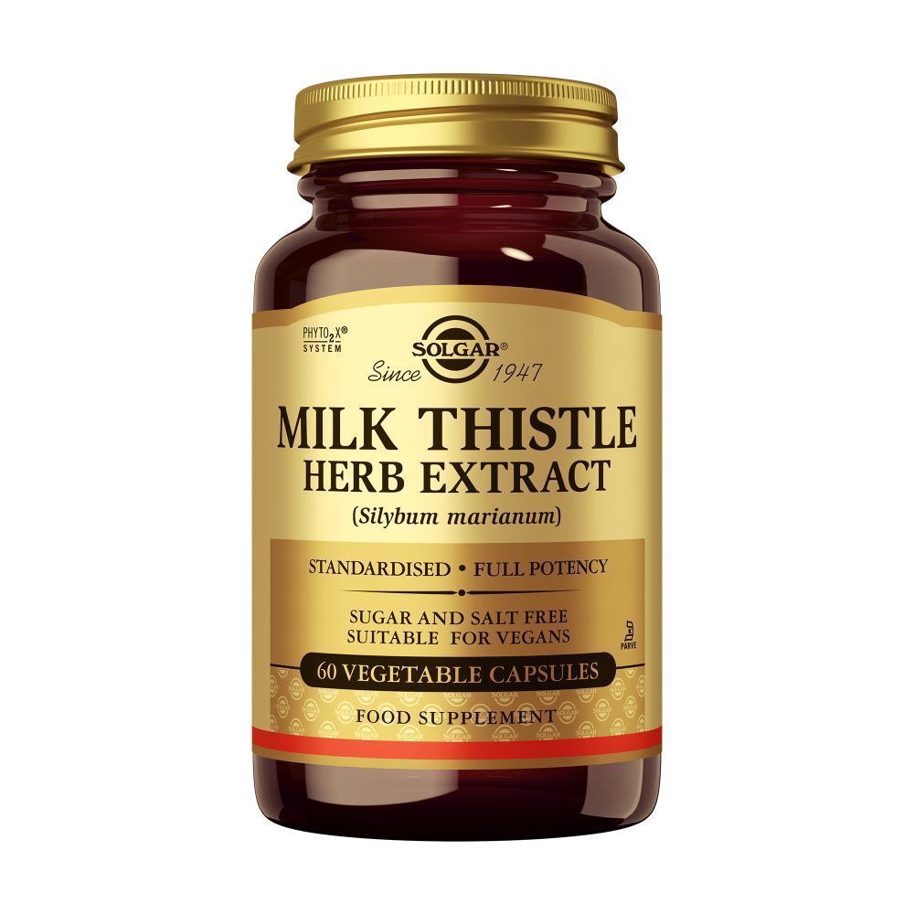 Bruine fles, gouden dop. Label met tekst: Milk Thistle Herb Extract, 60 Vegetable Capsules. Merk Solgar.