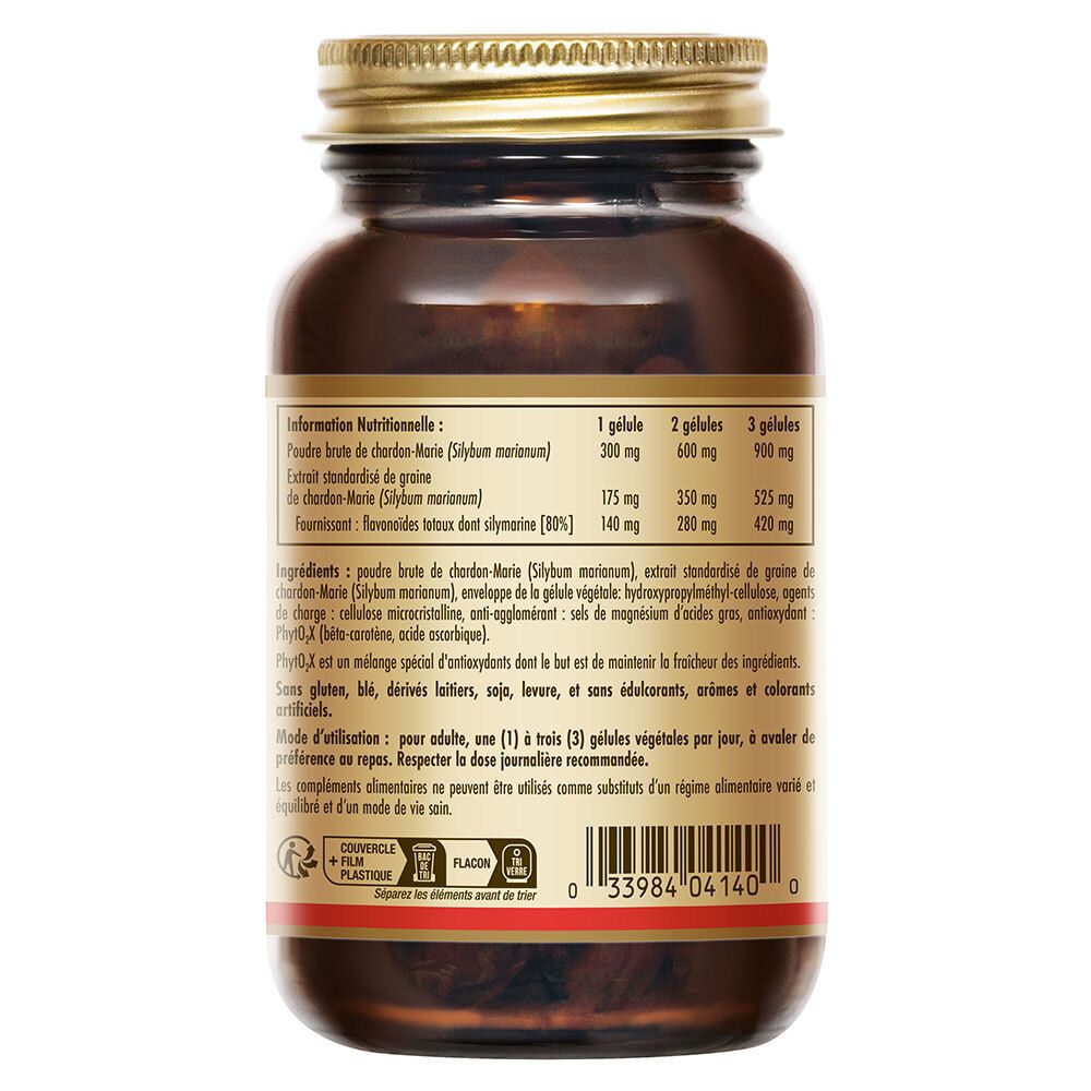 Dos du flacon. Informations nutritionnelles et ingrédients. Texte : Extrait de chardon-Marie, Silymarine, ingrédients, mode d'emploi.