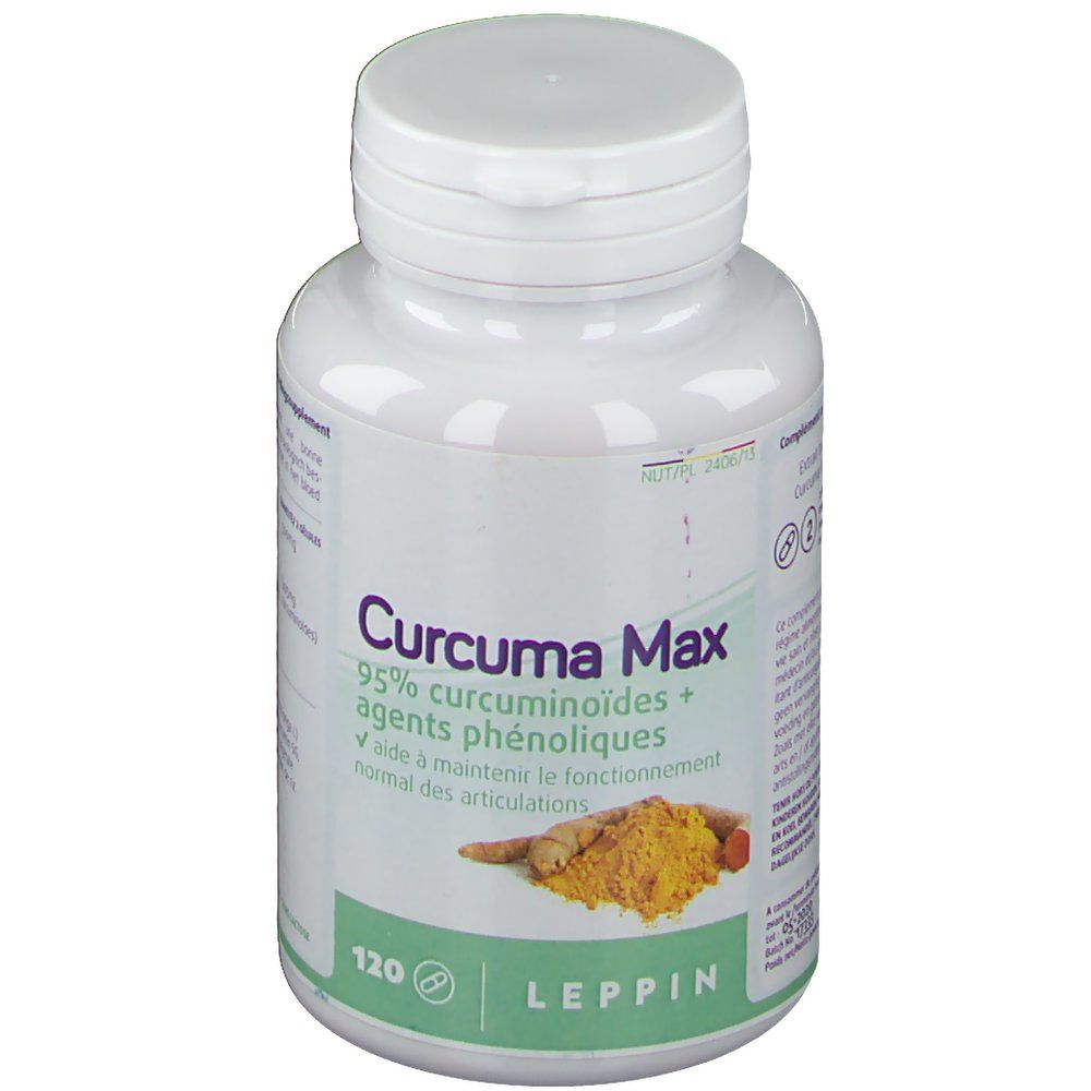 Witte fles met "Curcuma Max"-label. Bevat 120 capsules. Leppin-logo onderaan. Illustratie van kurkumapoeder en wortels.