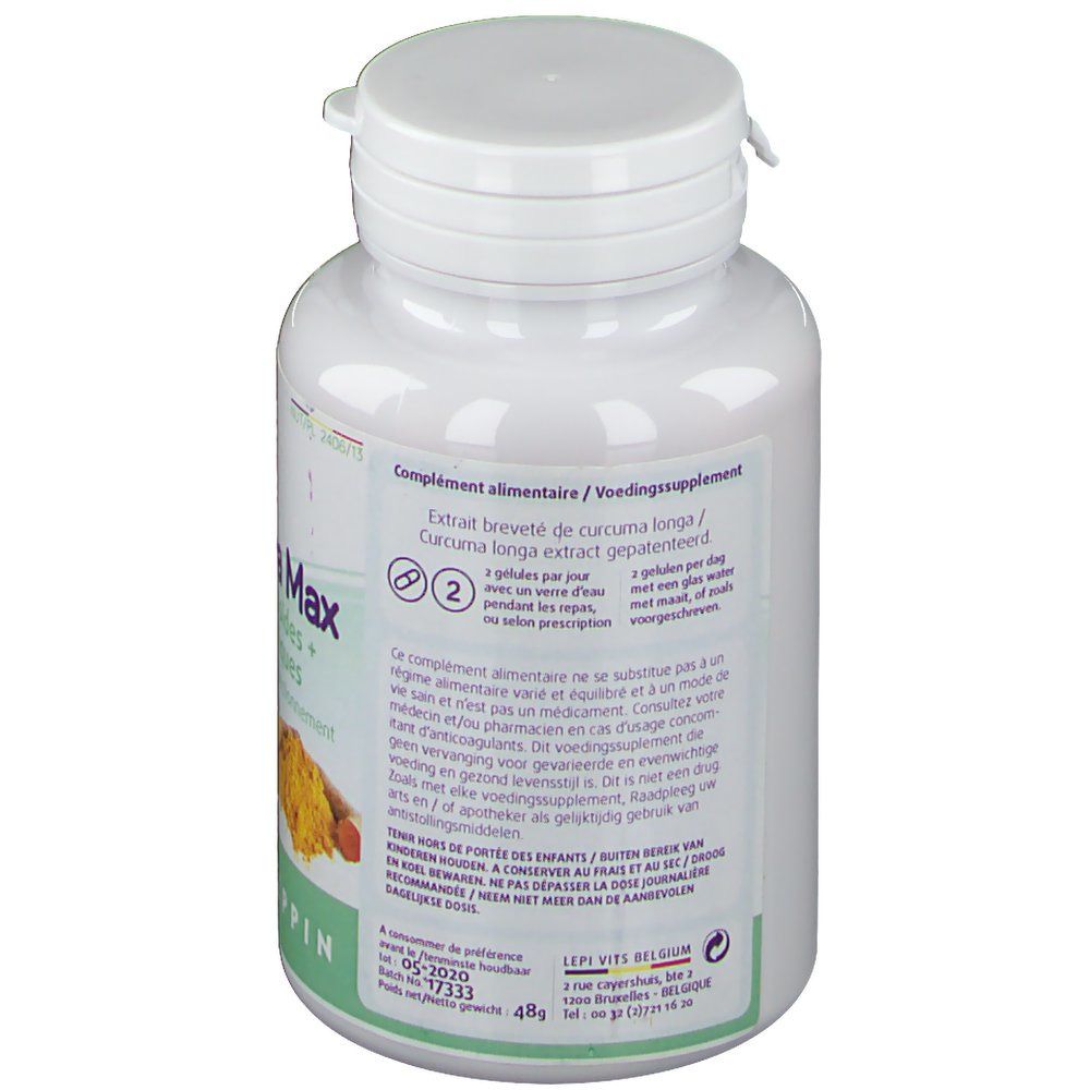 Achterkant van de witte fles. Bevat informatie over ingrediënten en dosering. Leppin-logo en batchnummer.