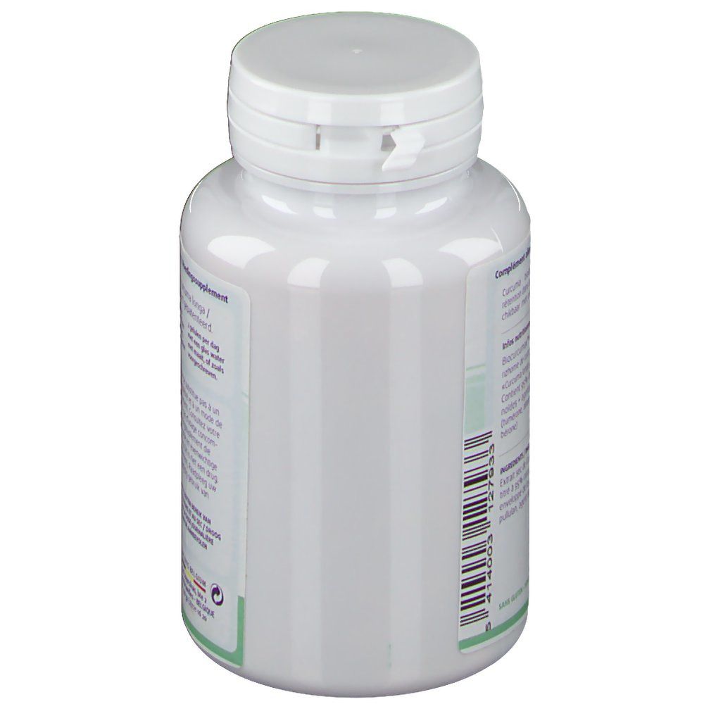 Zijaanzicht van de witte fles. Label met tekst en barcode. Deksel met klapsluiting.