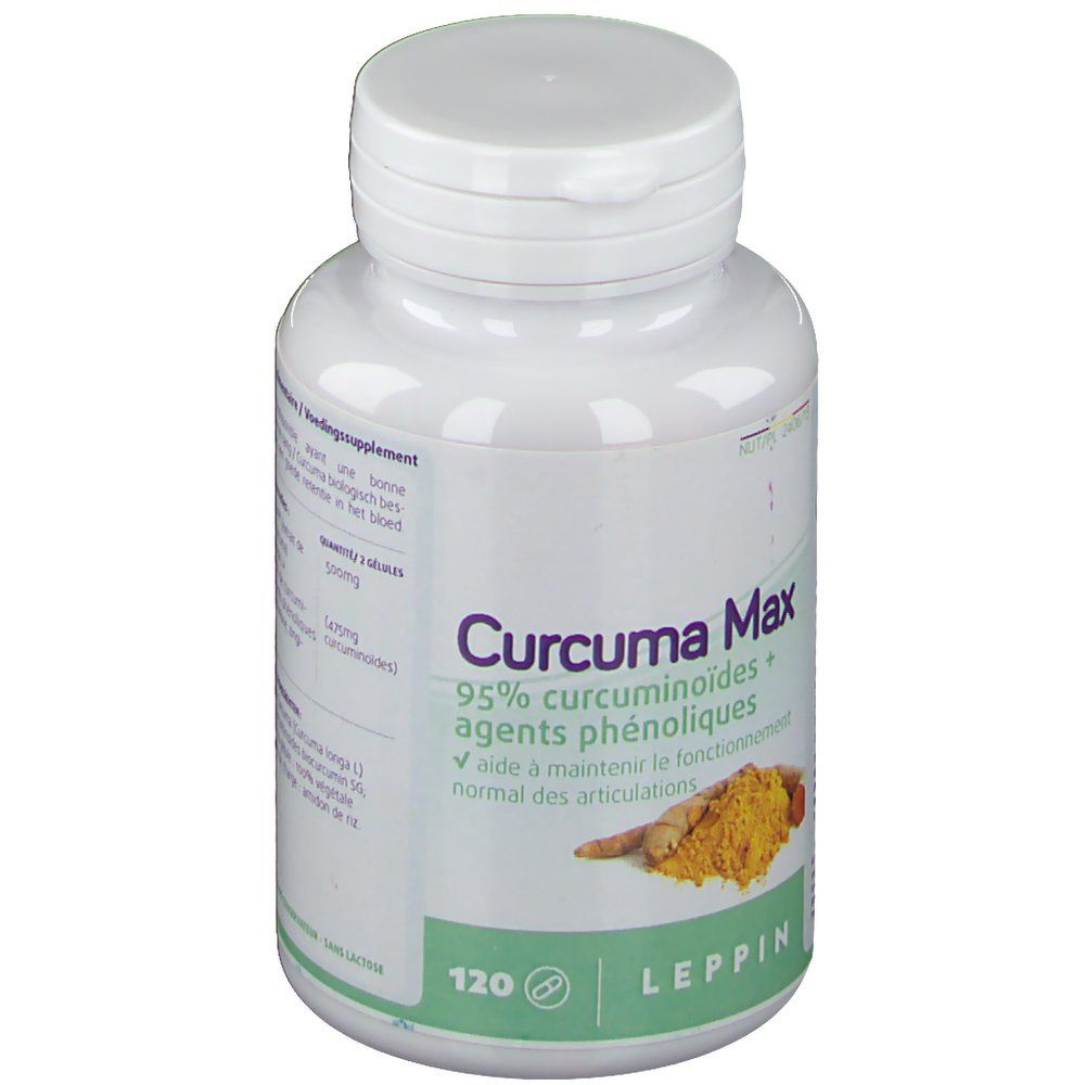 Witte fles met "Curcuma Max"-label. Bevat 120 capsules. Leppin-logo onderaan. Illustratie van kurkumapoeder en wortels.