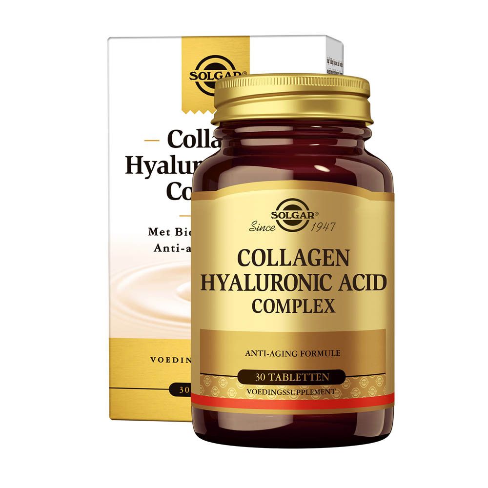 Bruine glazen fles met gouden dop en etiket. Opschrift: COLLAGENE HYALURONZUUR COMPLEX. 30 tabletten.