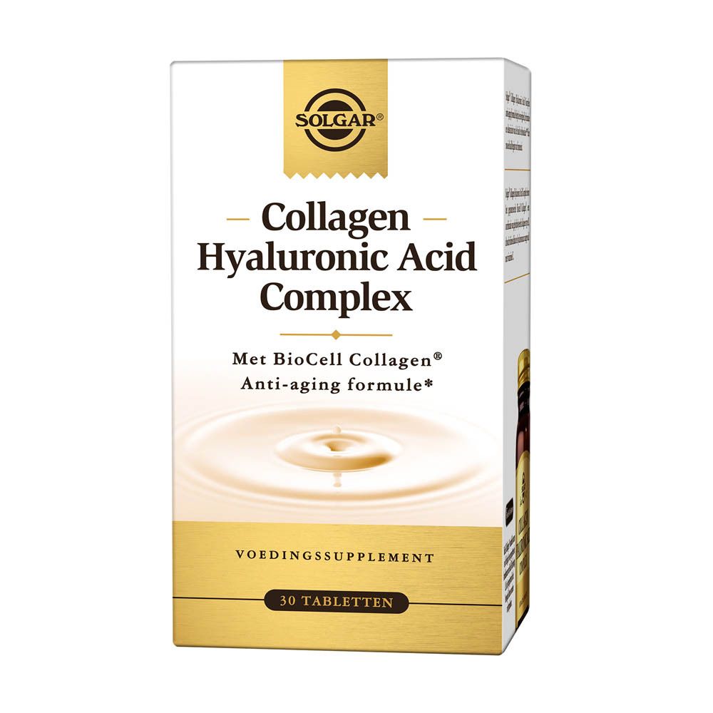 Flacon en verre brun avec bouchon doré et étiquette. Inscription: COLLAGENE ACIDE HYALURONIQUE COMPLEXE. 30 comprimés.