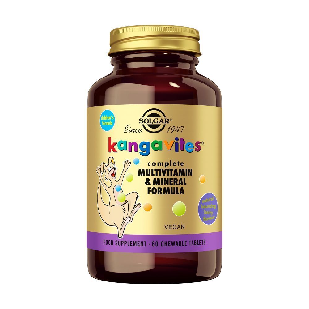 Solgar Kangavites Bouncing Berry. Bruine glazen fles met geel etiket. 60 kauwtabletten. Veganistisch.
