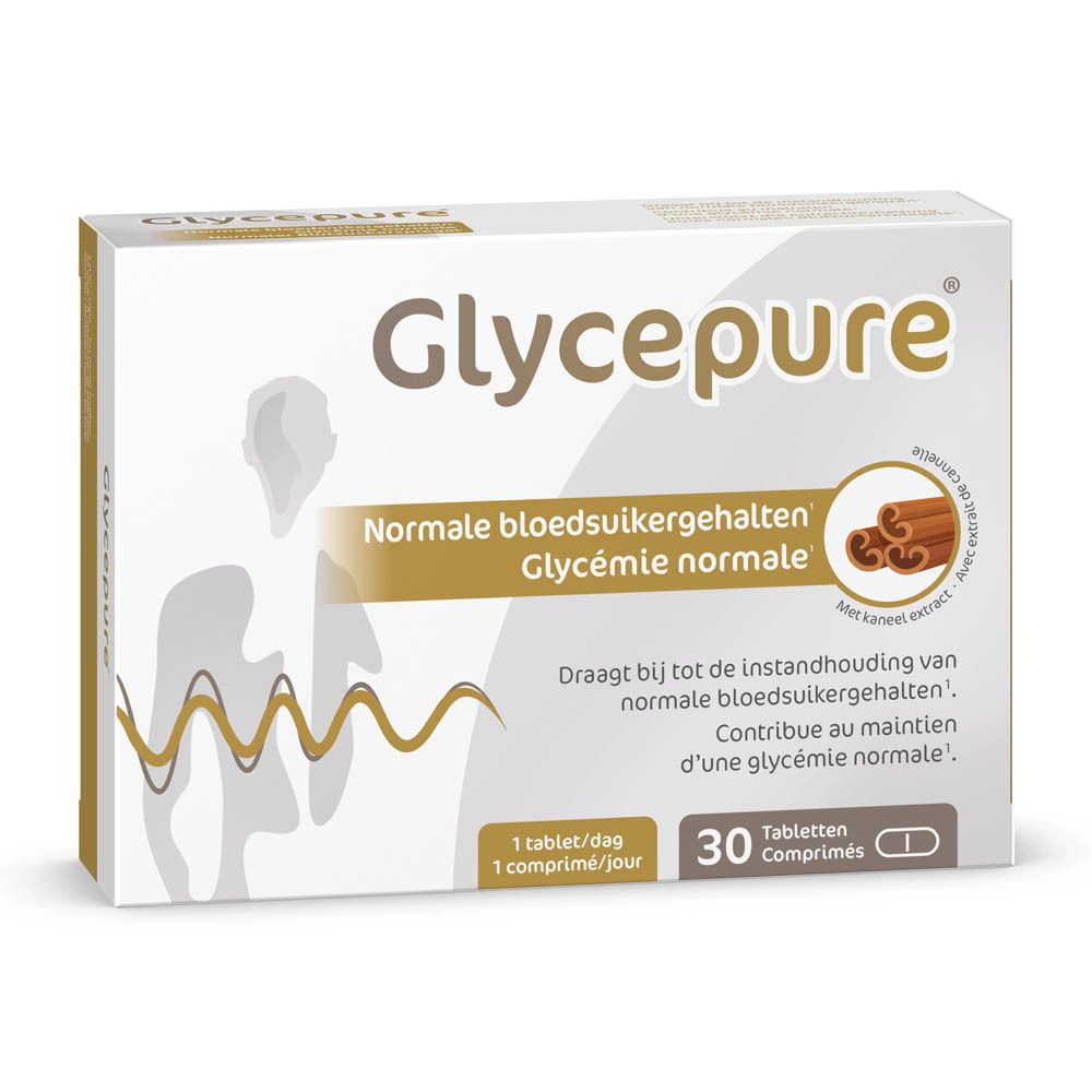 Witte Glycepure-doos. Bevat 30 tabletten. Tekst in het Nederlands en Frans. Kaneel-afbeelding.
