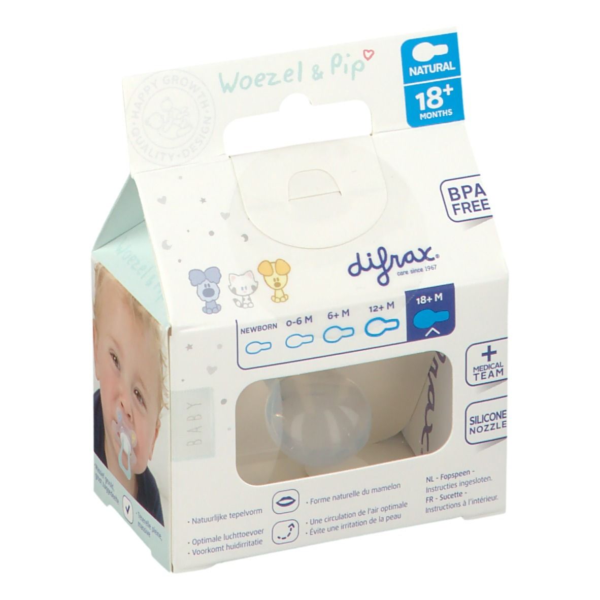 Difrax Fopspeen Natural Woezel & Pip 18 Maanden+