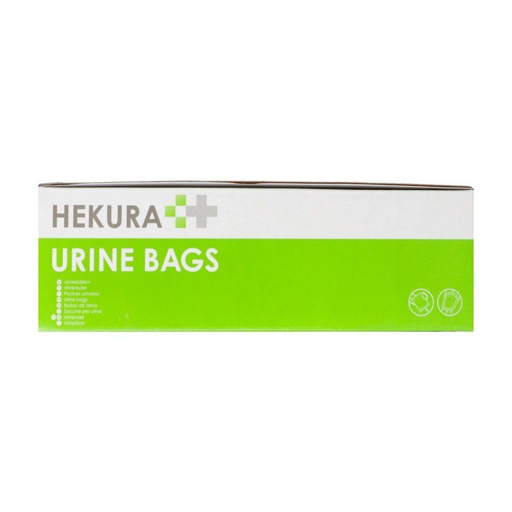 Doos met HEKURA URINE BAGS, wit en groen, met productinformatie en symbolen.