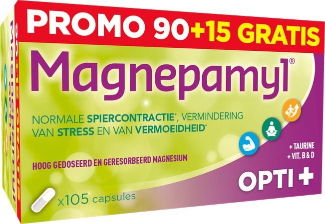 Verpakking Magnepamyl Opti+. Opschrift: Promo 90+15 Gratis. Bevat 105 capsules. Tekst: Magnesium, Taurine, Vitamines B & D.