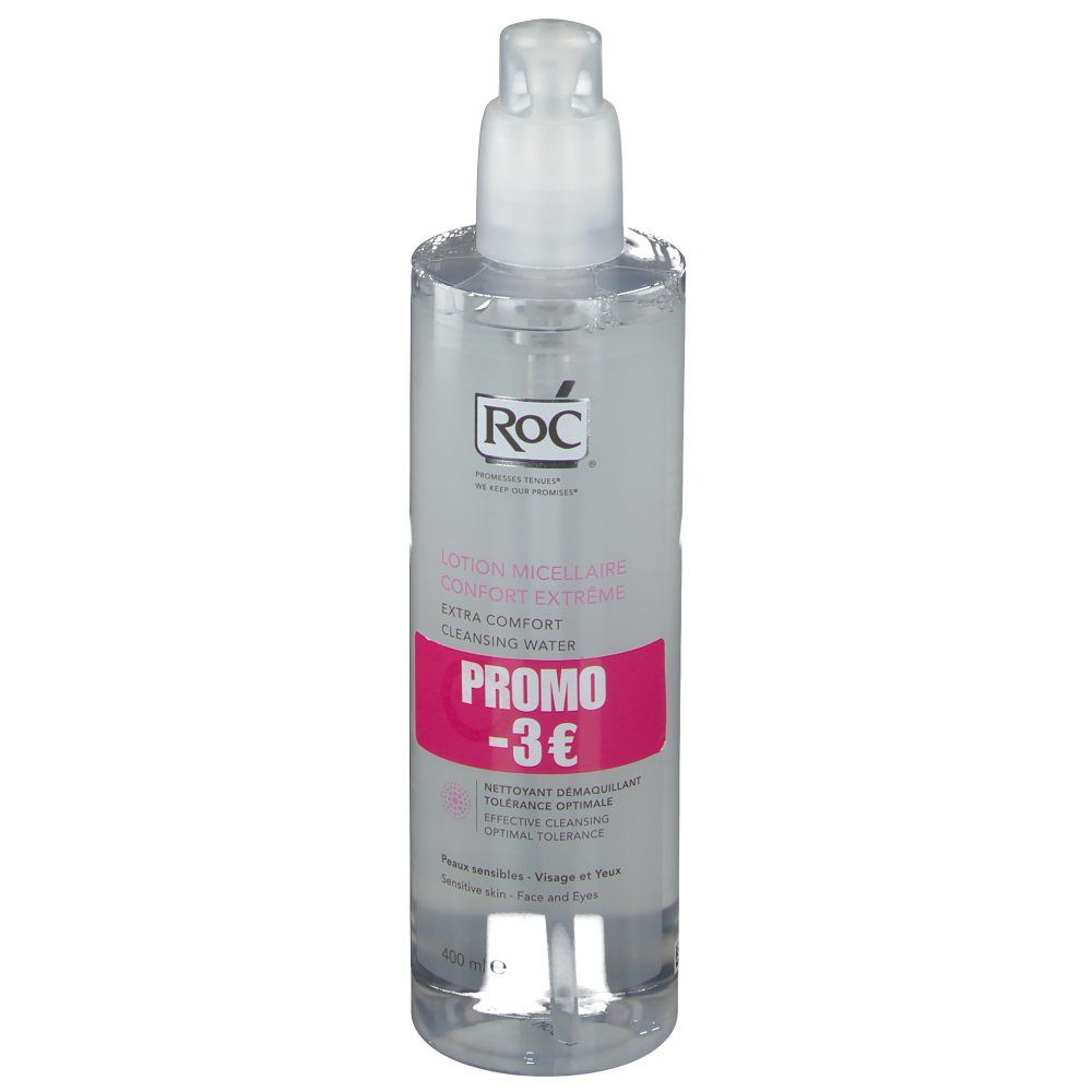 Transparante fles met pomp. Roze etiket met "PROMO -3€". Tekst: "Lotion Micellaire Comfort Extreme".