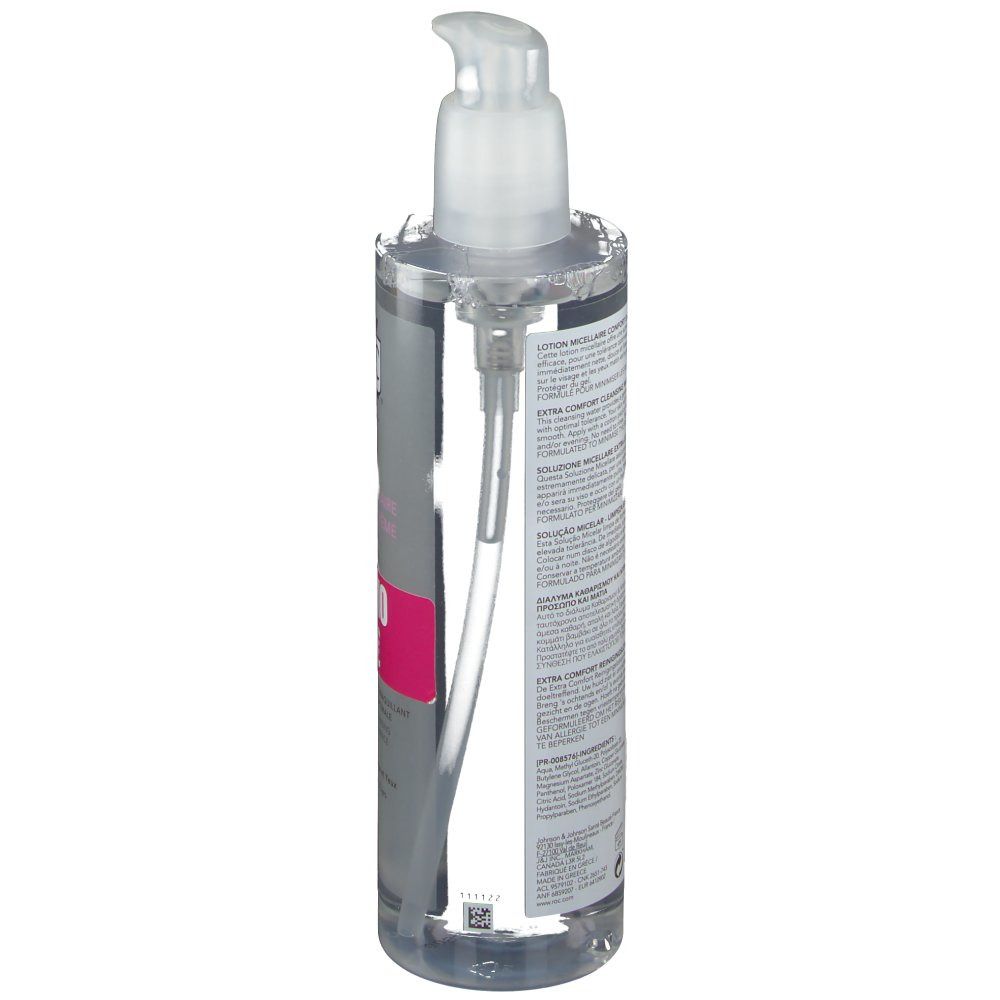 Transparante fles met pomp. Zijaanzicht met tekst. Productnaam en details op etiket.