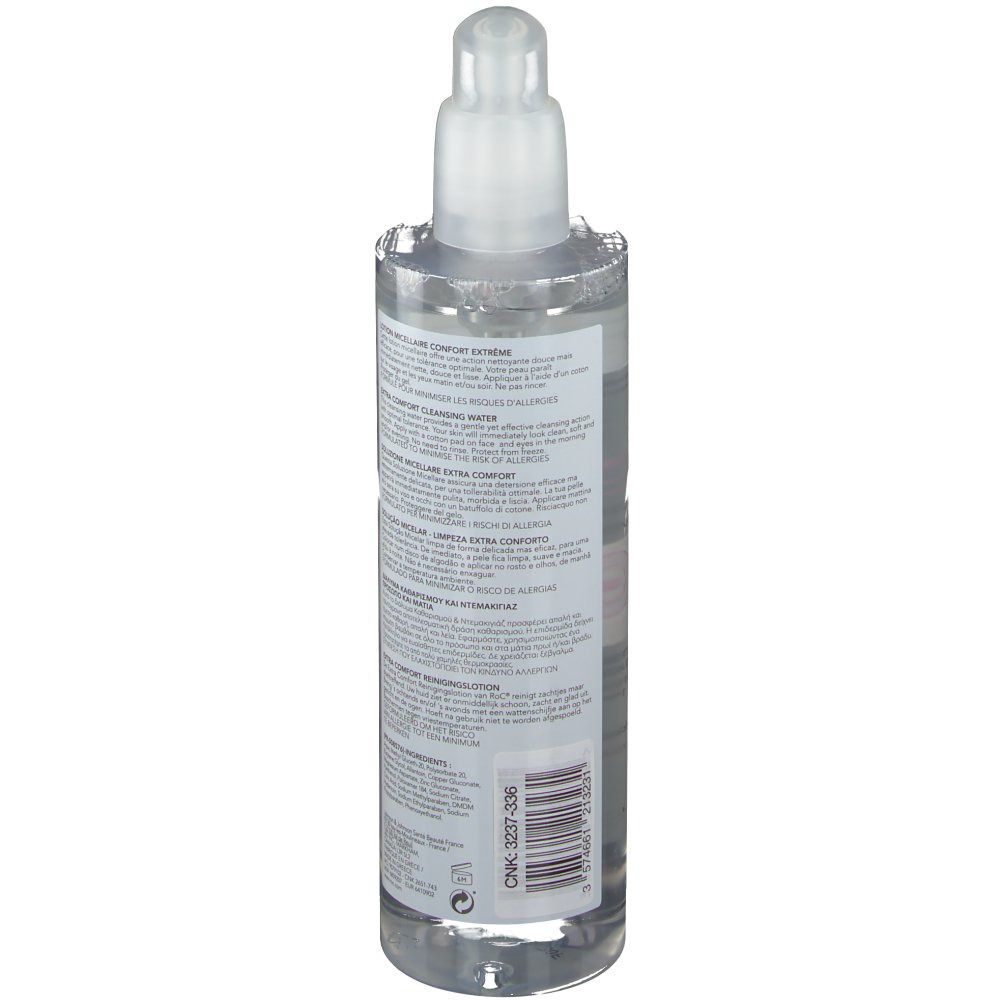 Transparante fles met pomp. Achteraanzicht met tekst. Productinformatie op etiket.