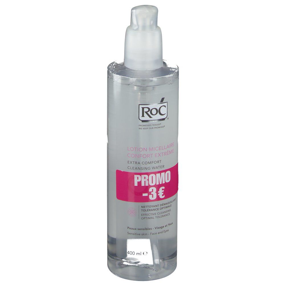 Transparante fles met pomp. Roze etiket met "PROMO -3€". Tekst: "Lotion Micellaire Comfort Extreme".