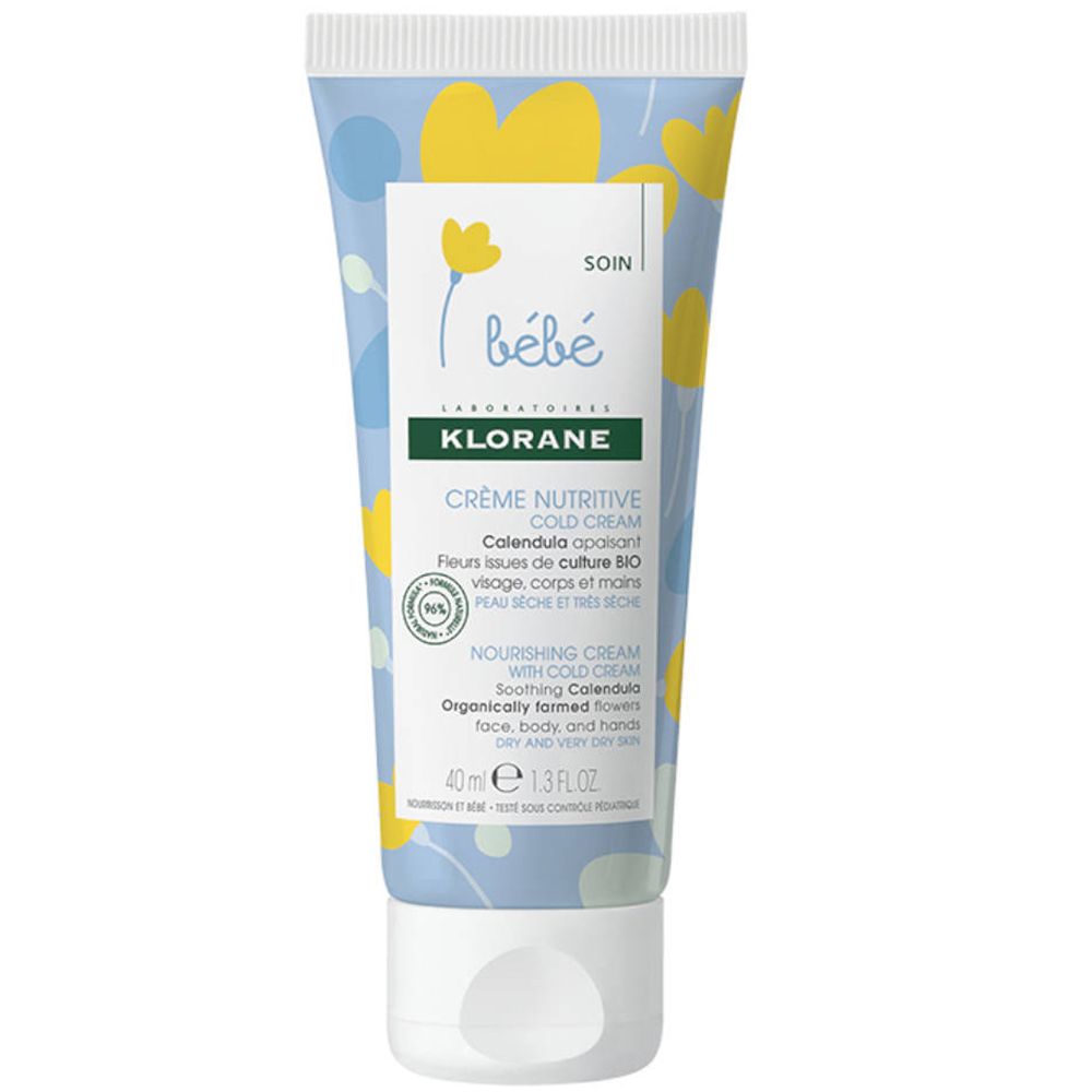 Tube de crème bleu avec fleurs jaunes. Inscriptions: bébé, Klorane, Crème Nutritive Cold Cream. 40ml.