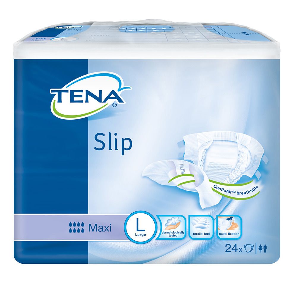 Paquet de couches TENA Slip Maxi, taille L. Inscriptions : TENA, Slip, Maxi, testé dermatologiquement, toucher textile, multi-fixation, 24 pièces.