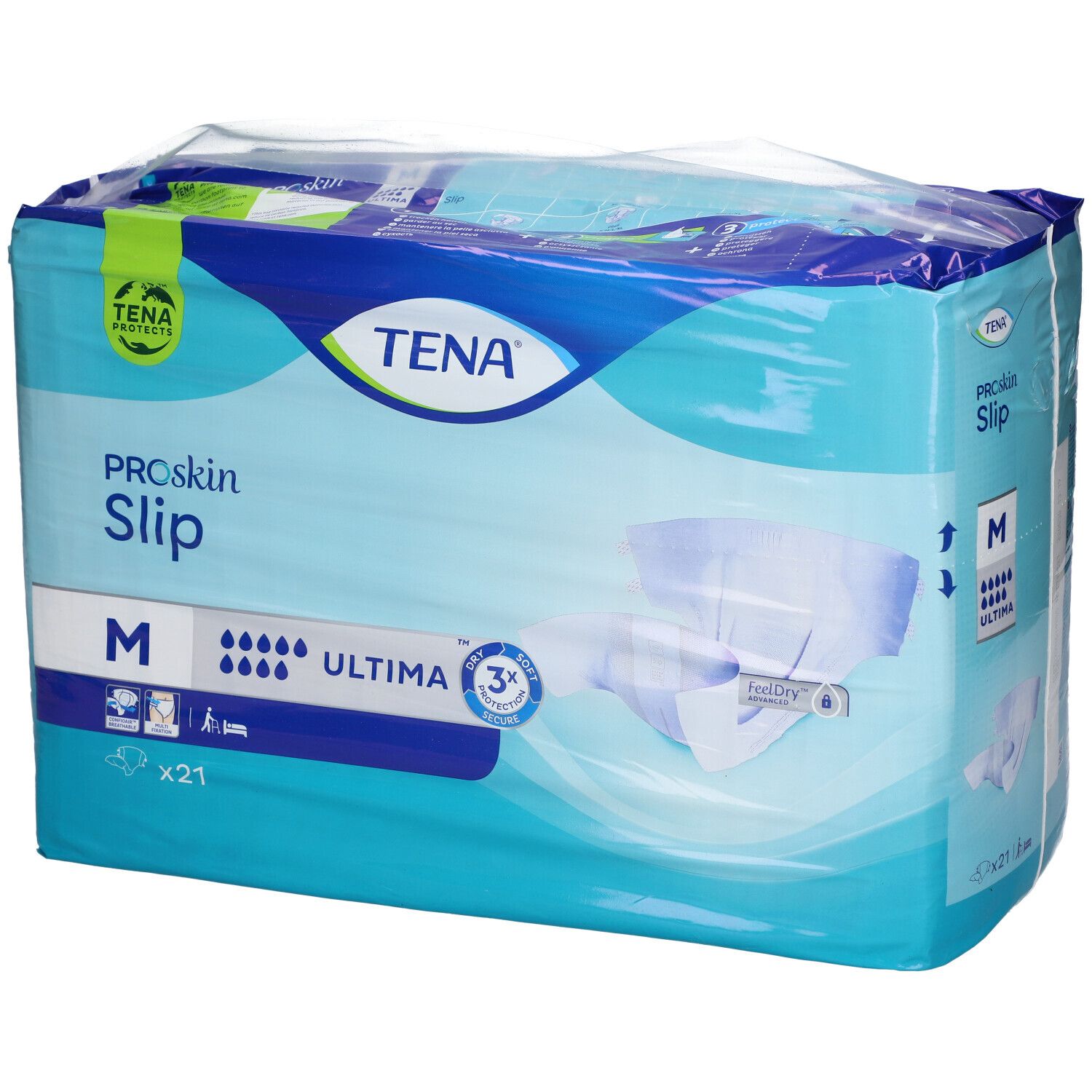 Paquet de TENA® Slip Ultima Gr. M. Emballage bleu avec nom du produit, taille M et niveau d'absorption.