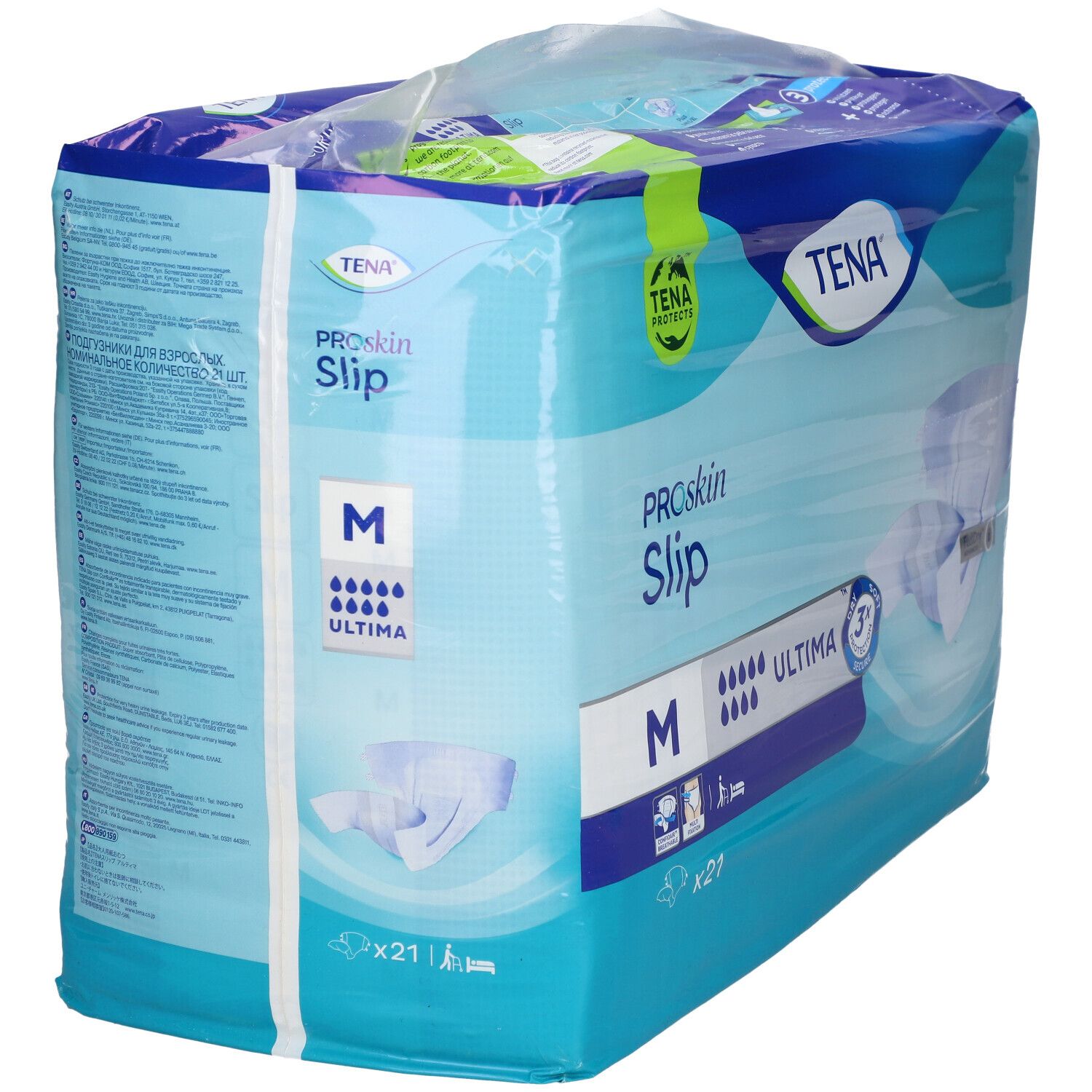 Paquet de TENA® Slip Ultima Gr. M. Emballage bleu avec nom du produit, taille M et niveau d'absorption.