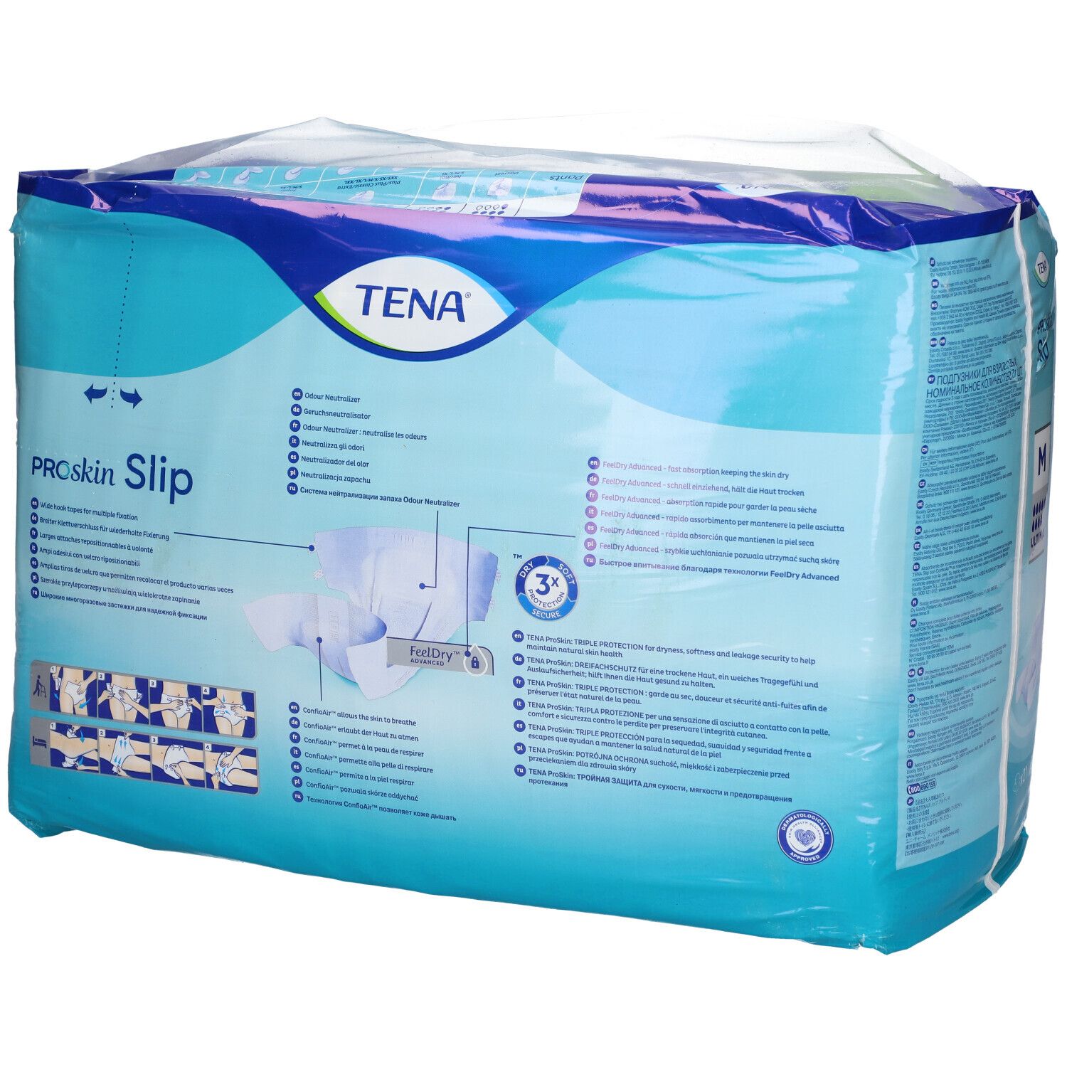 Paquet de TENA® Slip Ultima Gr. M. Emballage bleu avec nom du produit, taille M et niveau d'absorption.