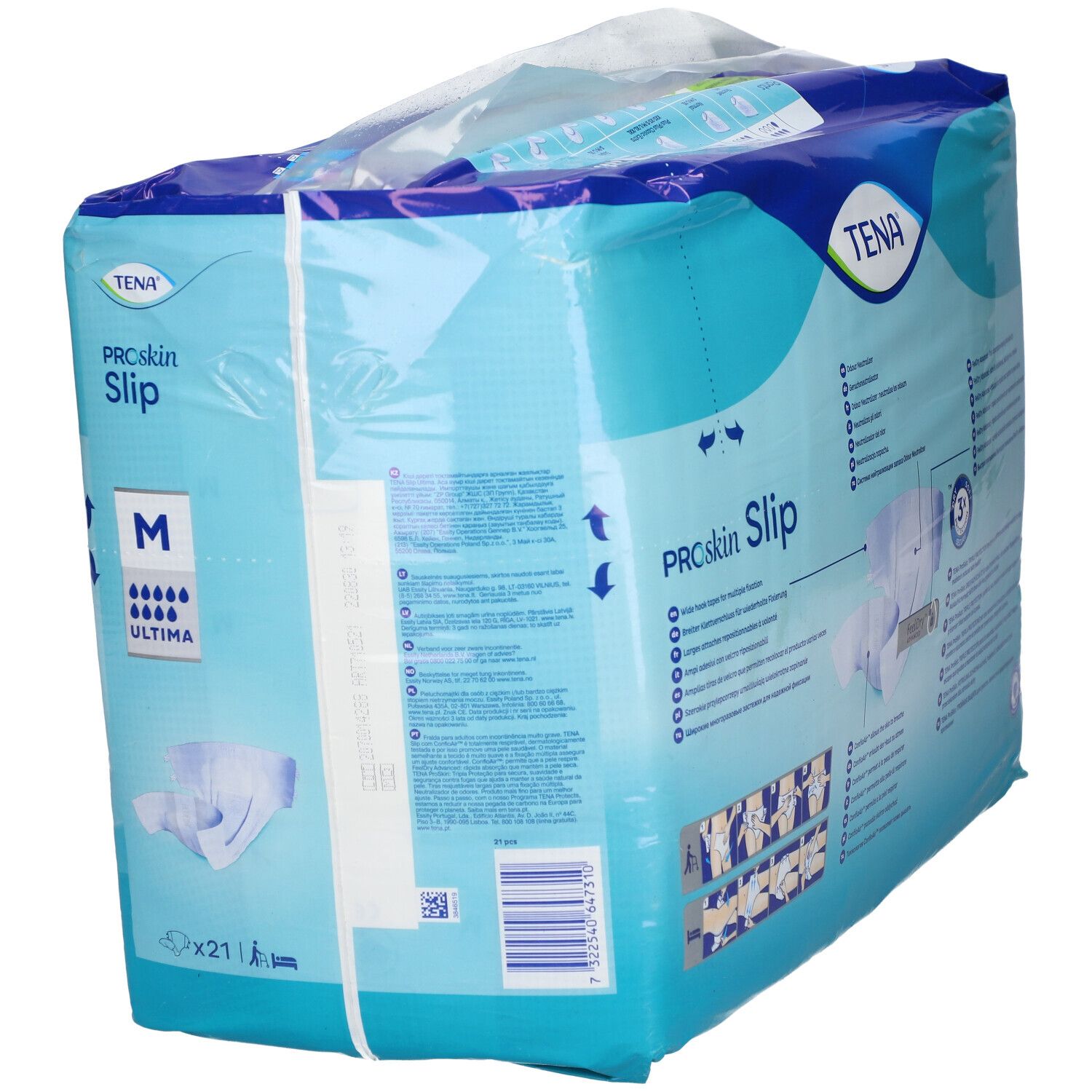 Paquet de TENA® Slip Ultima Gr. M. Emballage bleu avec nom du produit, taille M et niveau d'absorption.