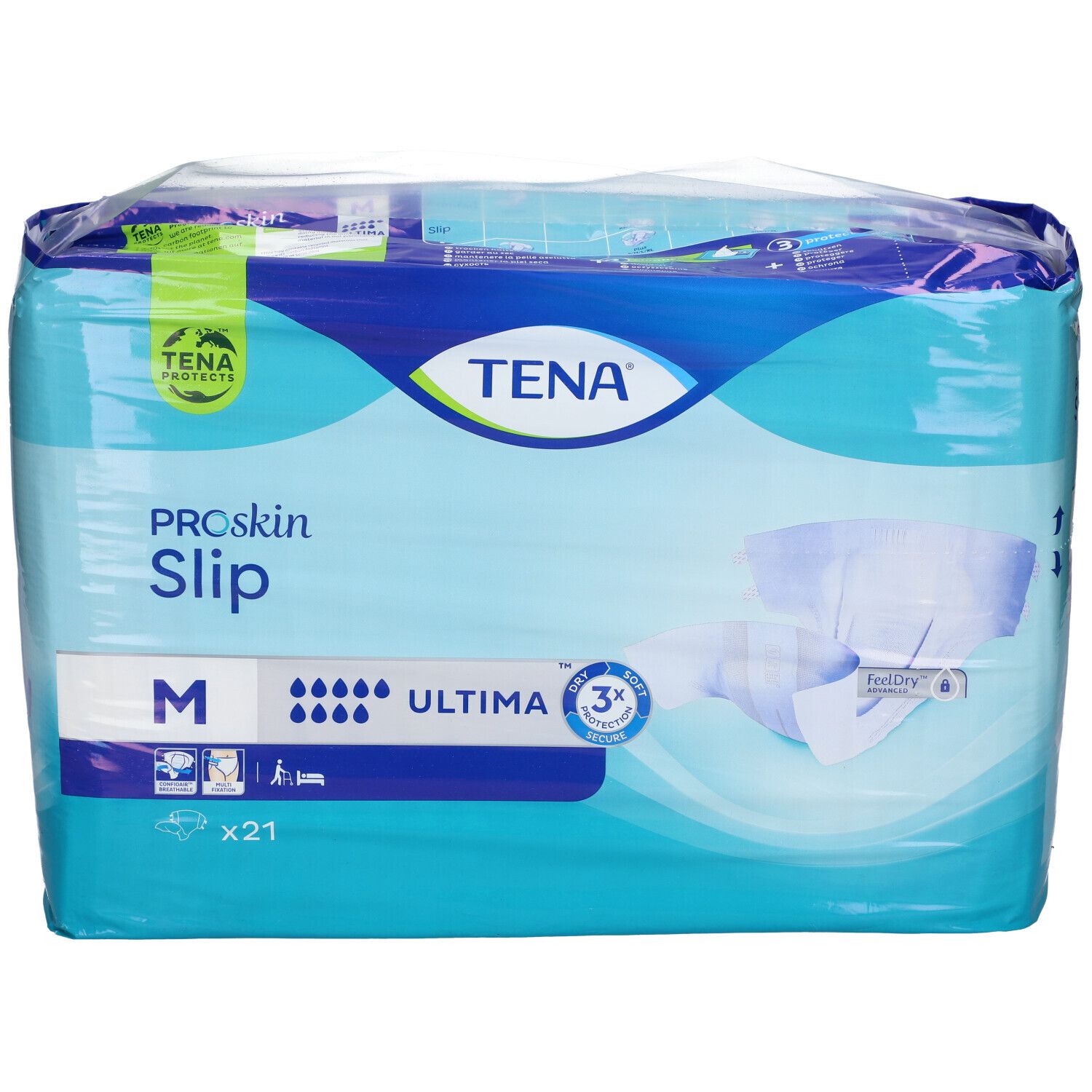 Paquet de TENA® Slip Ultima Gr. M. Emballage bleu avec nom du produit, taille M et niveau d'absorption.