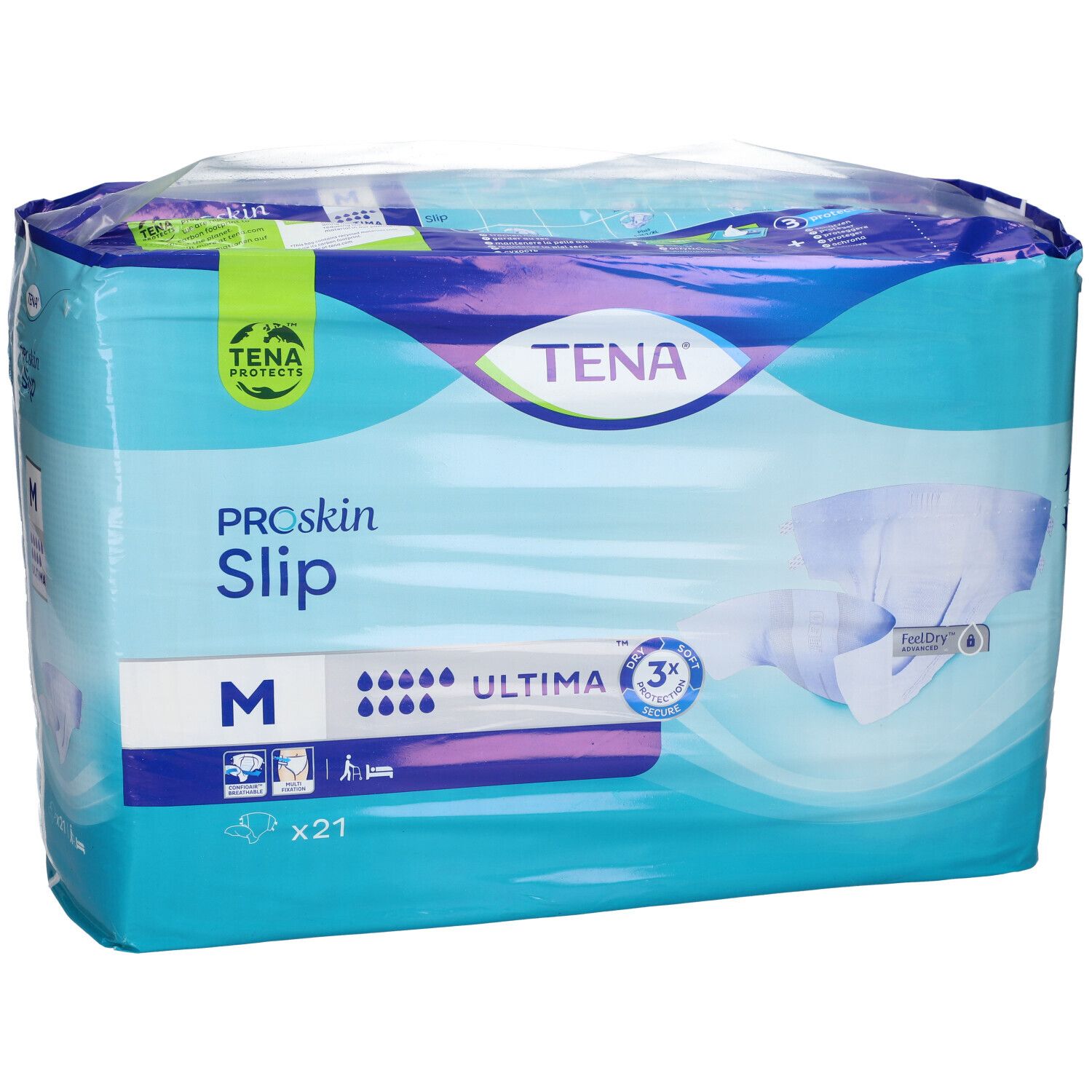 Paquet de TENA® Slip Ultima Gr. M. Emballage bleu avec nom du produit, taille M et niveau d'absorption.