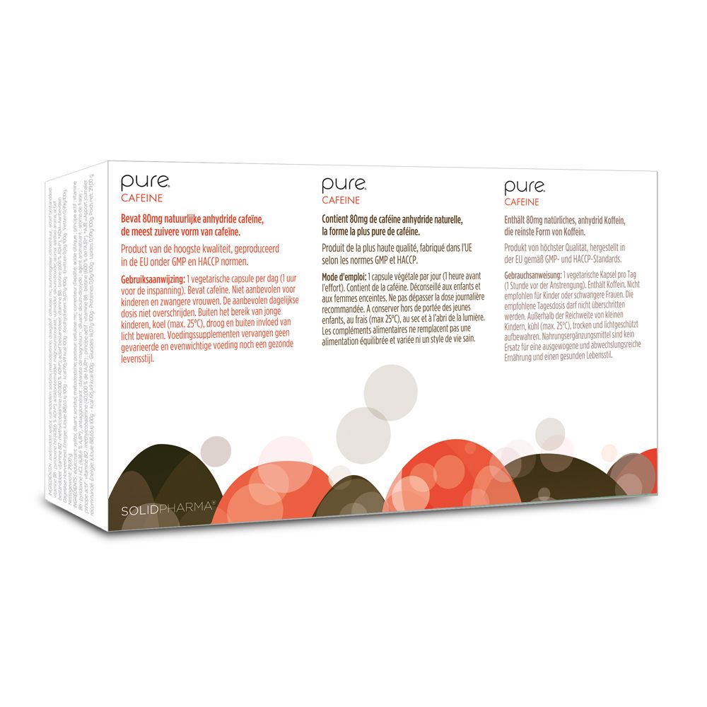 Dos de la boîte blanche "pure CAFFEINE". Texte multilingue et design.