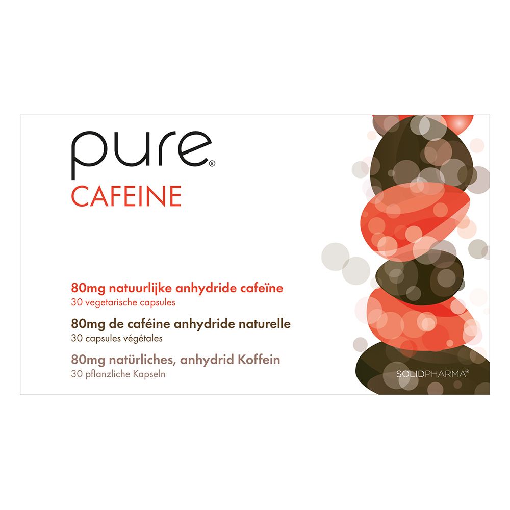 Witte doos "pure CAFFEINE". Bevat capsules. Meertalige tekst en design.
