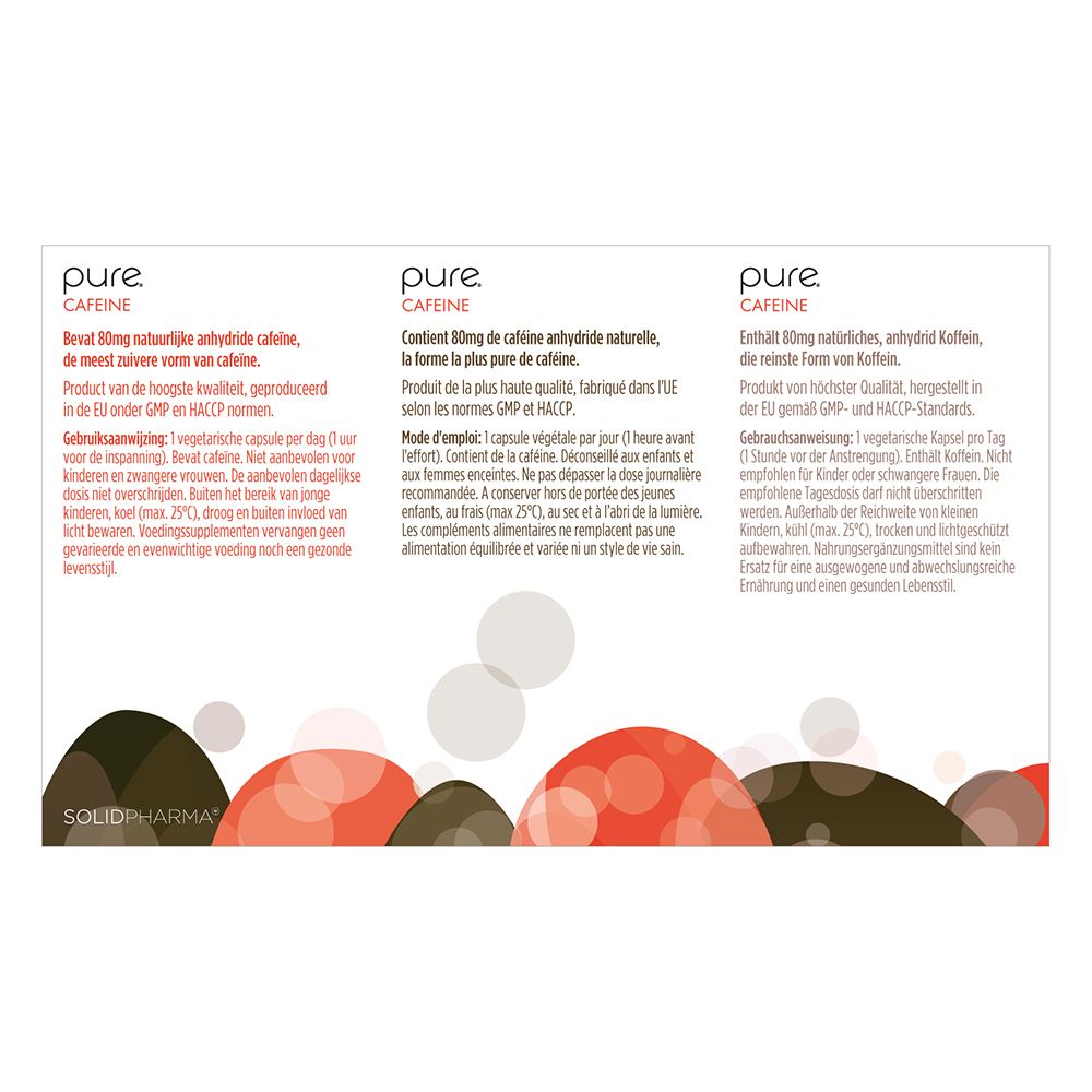 Witte doos "pure CAFFEINE". Bevat capsules. Meertalige tekst en design.
