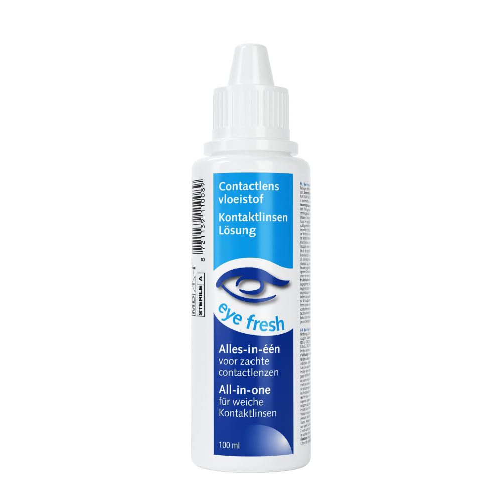 Witte fles contactlensvloeistof. Opschrift: Eye Fresh, Alles-in-één, voor zachte contactlenzen. 100 ml.