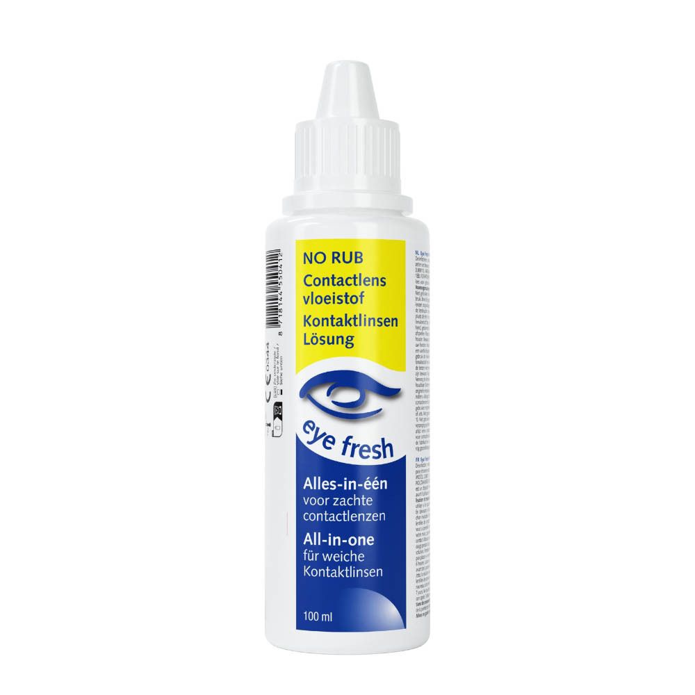 Flacon blanc de liquide pour lentilles. Inscription: NO RUB, Solution pour lentilles, Eye Fresh. 100 ml.