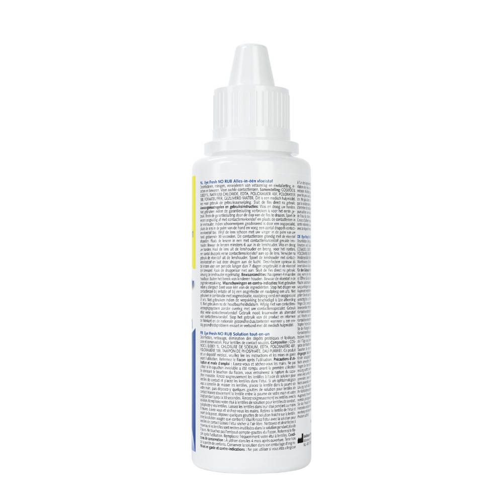 Achterkant witte fles met tekst. Productnaam: Eye Fresh No Rub. Tekst in meerdere talen.