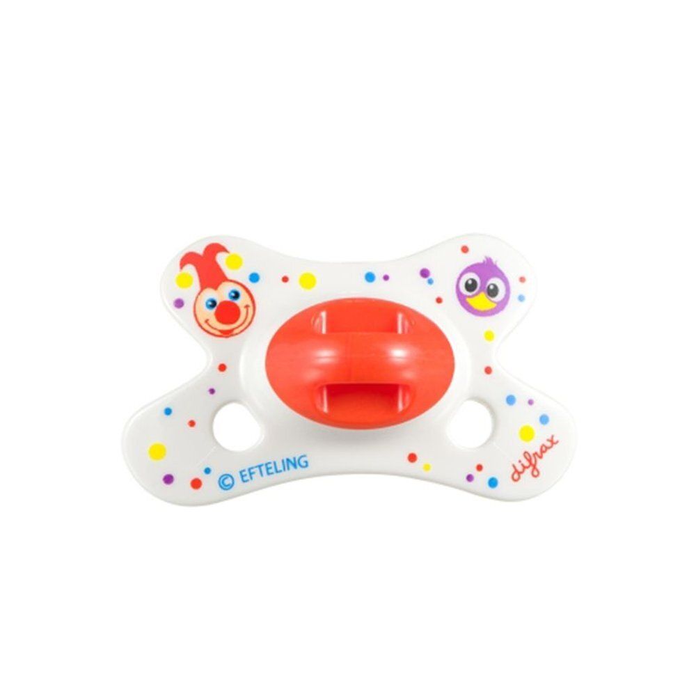 Witte fopspeen met rode speen. Clown- en uilendecor. Merken Difrax en Efteling.