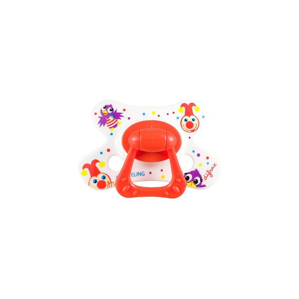 Speen met rode ring en clownmotieven. Wit schild met gekleurde stippen en opschrift "Feeling".