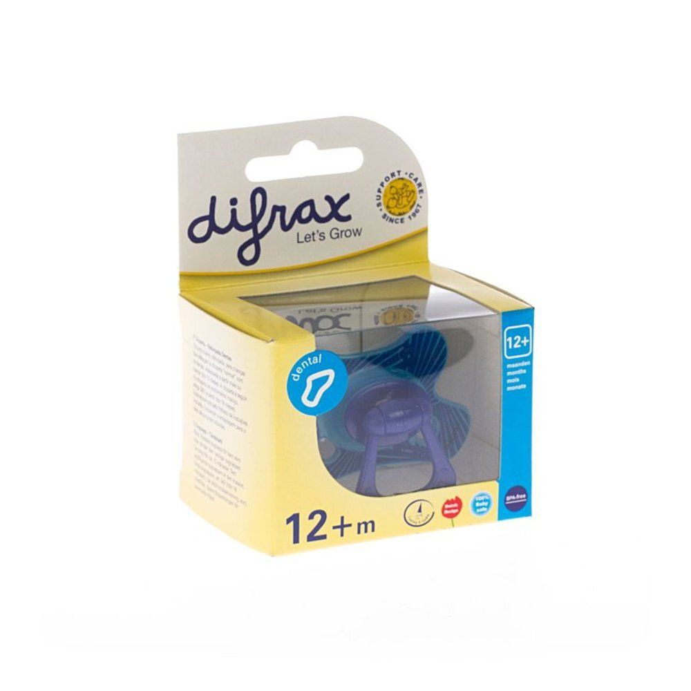 Verpakking met speen. Transparant venster, gele en blauwe elementen. Opschrift "difrax", "12+ m".