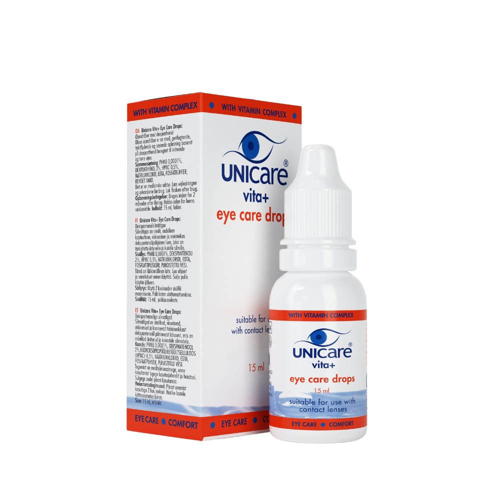 Witte fles oogdruppels. Opschrift: UNICARE vita+ eye care drops. 15 ml. Met vitaminecomplex.