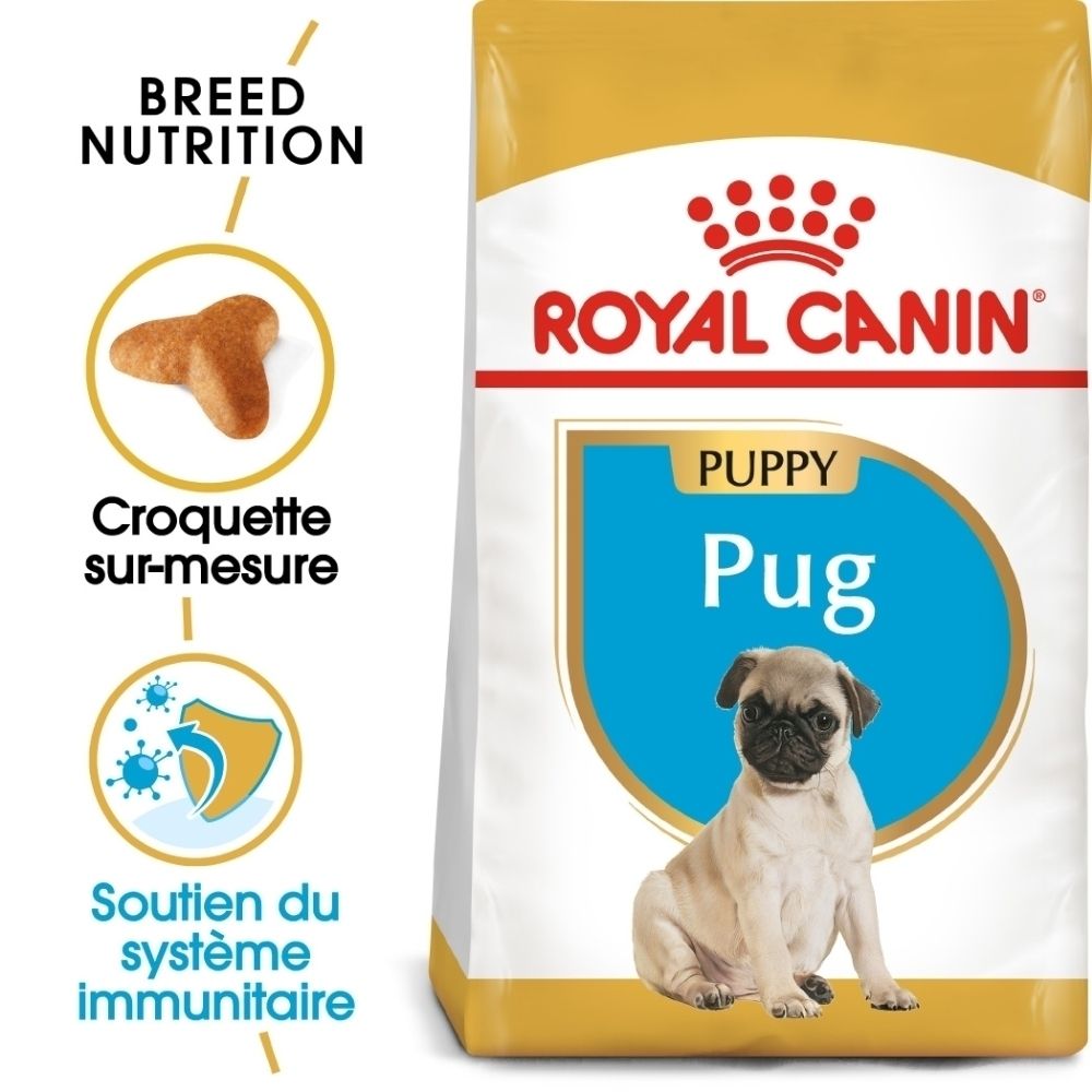 Avant d'un sac de 1,5 kg de nourriture pour chiot Royal Canin Pug, avec image d'un chiot Carlin et caractéristiques du produit.